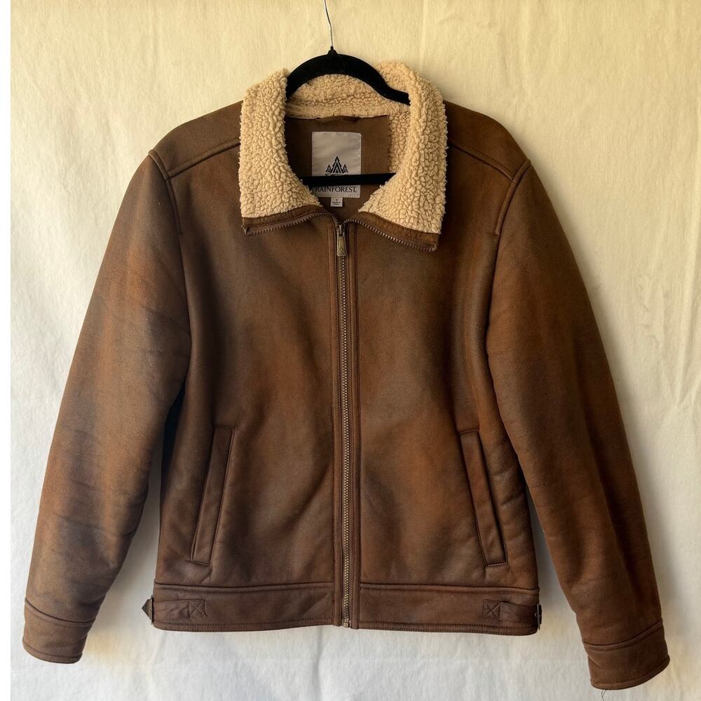 Rainforest Men's Brown Faux Shearling Lined Aviator Flight Jacket Size Small